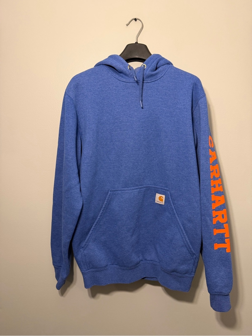 Carhartt Men's Royal Blue Crewneck Hoodie with Orange Sleeve Logo